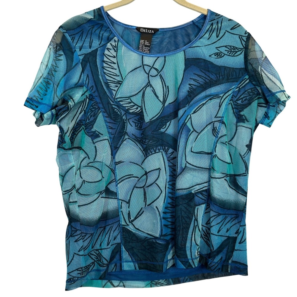 Beliza Mesh Top Large Blue Floral Abstract Sheer Short Sleeve Y2K Cyber Whimsi